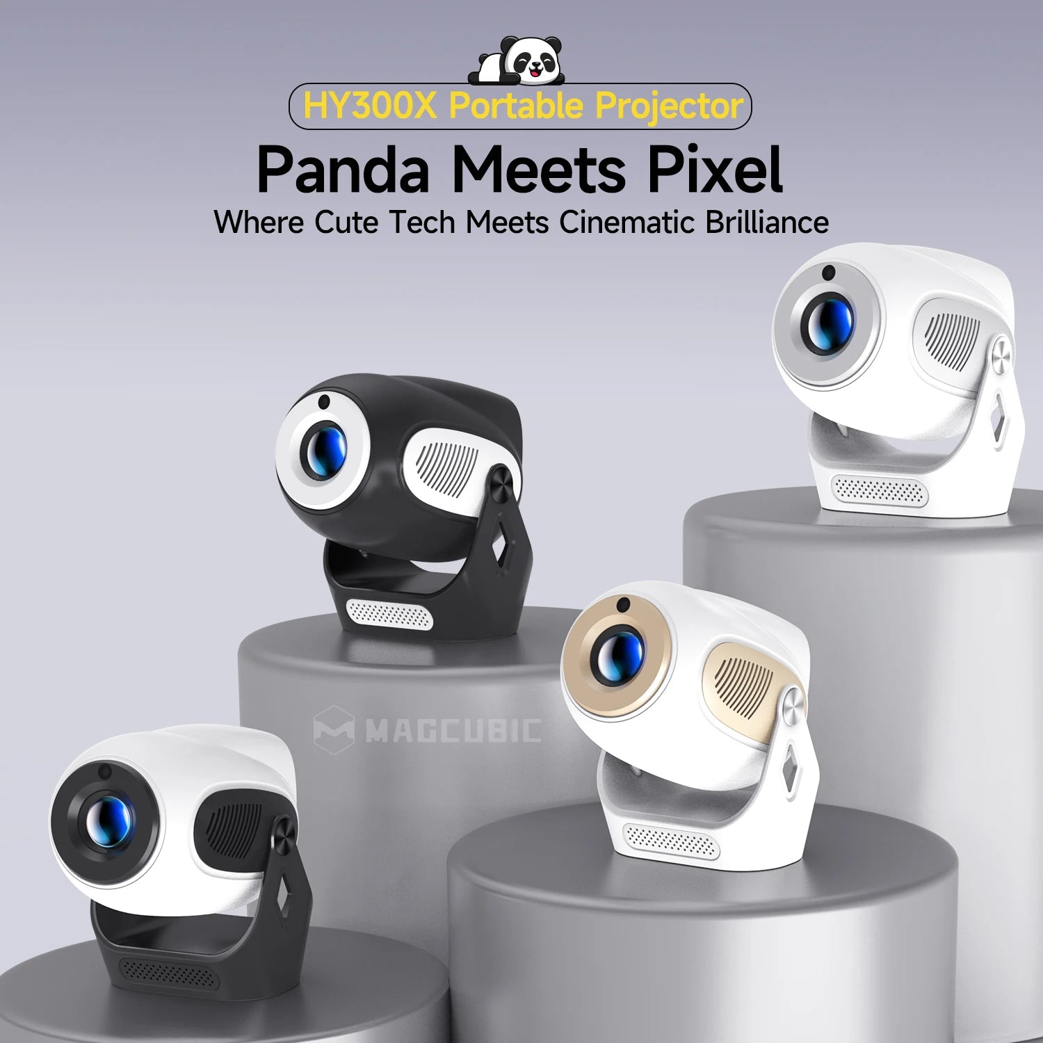 The HY300X portable projector with panda meets pixel