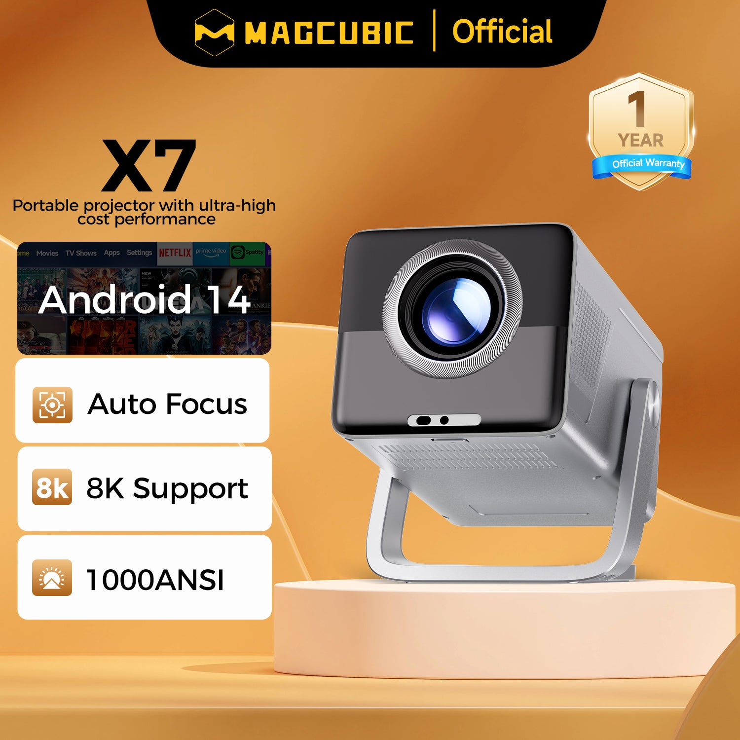 Magcubic 8K Support HD 1080P 1000ANSI X7 Projector With Android 14 5W Speaker WiFi6 BT5.4 Outdoor Video Home Theater Projector